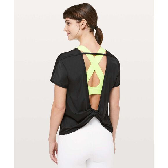 lululemon athletica Tops - Lululemon Twist & Train Short Sleeve Shirt Open Back Soft Silky Black Size 6